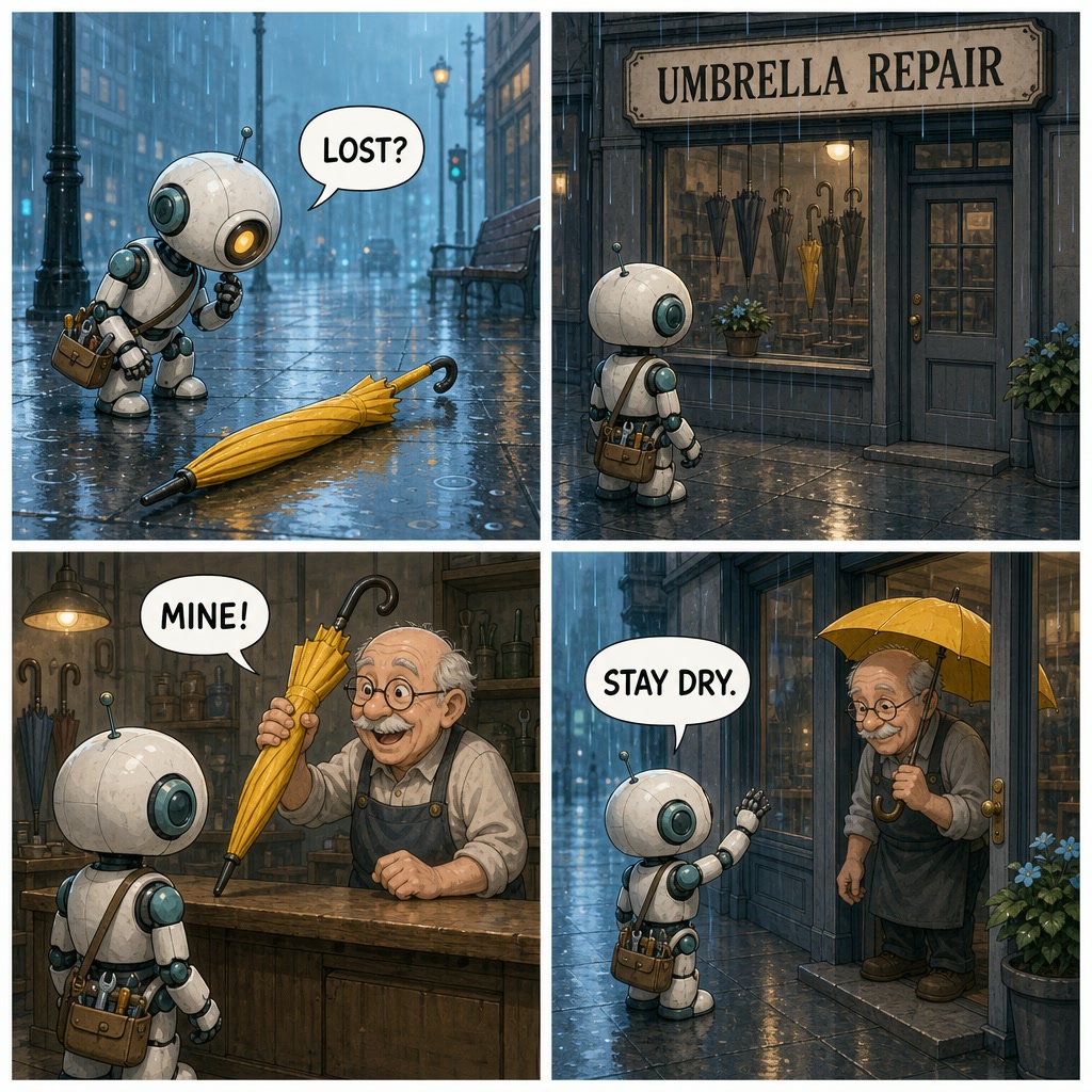 AI-generated four-panel comic in blue rain: a small white and teal repair robot finds a yellow umbrella, visits an umbrella repair shop, returns it to an elderly shopkeeper, and says Stay Dry