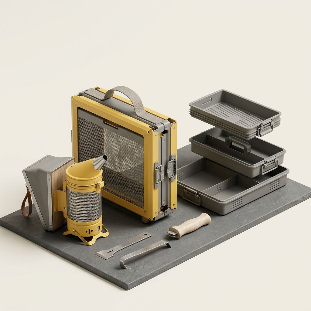 AI-generated square Nano Banana 2 product image of an original pollen-yellow fold-flat beekeeping kit with a smoker, carry frame, trays, and tools