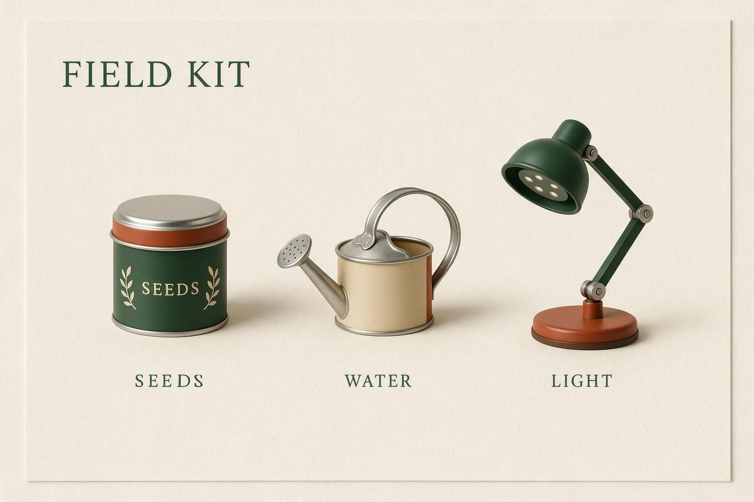 Seedream Pro design board showing a seed tin, watering can and lamp with FIELD KIT, SEEDS, WATER and LIGHT labels