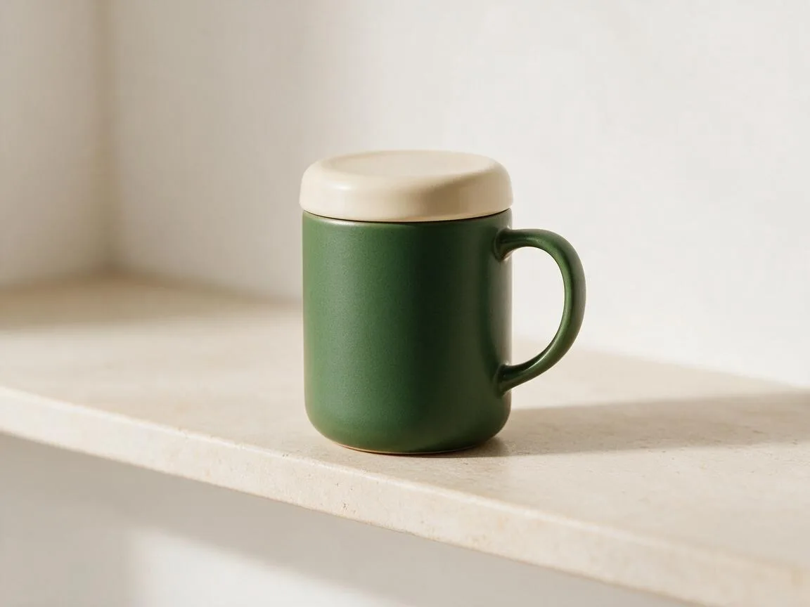 AI-generated green travel mug with a cream lid on a pale stone shelf