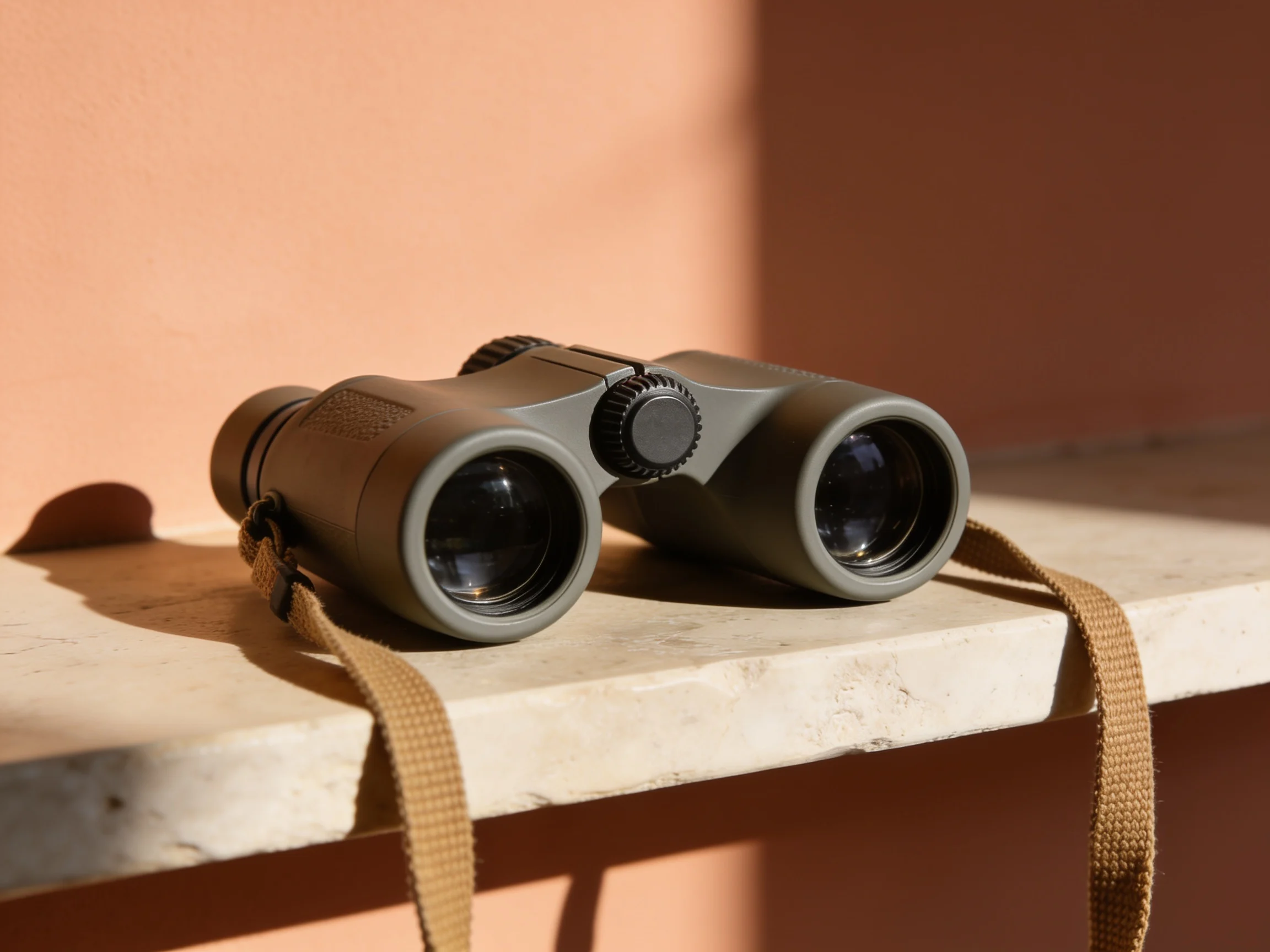 Warm-gray binoculars on limestone against a terracotta wall
