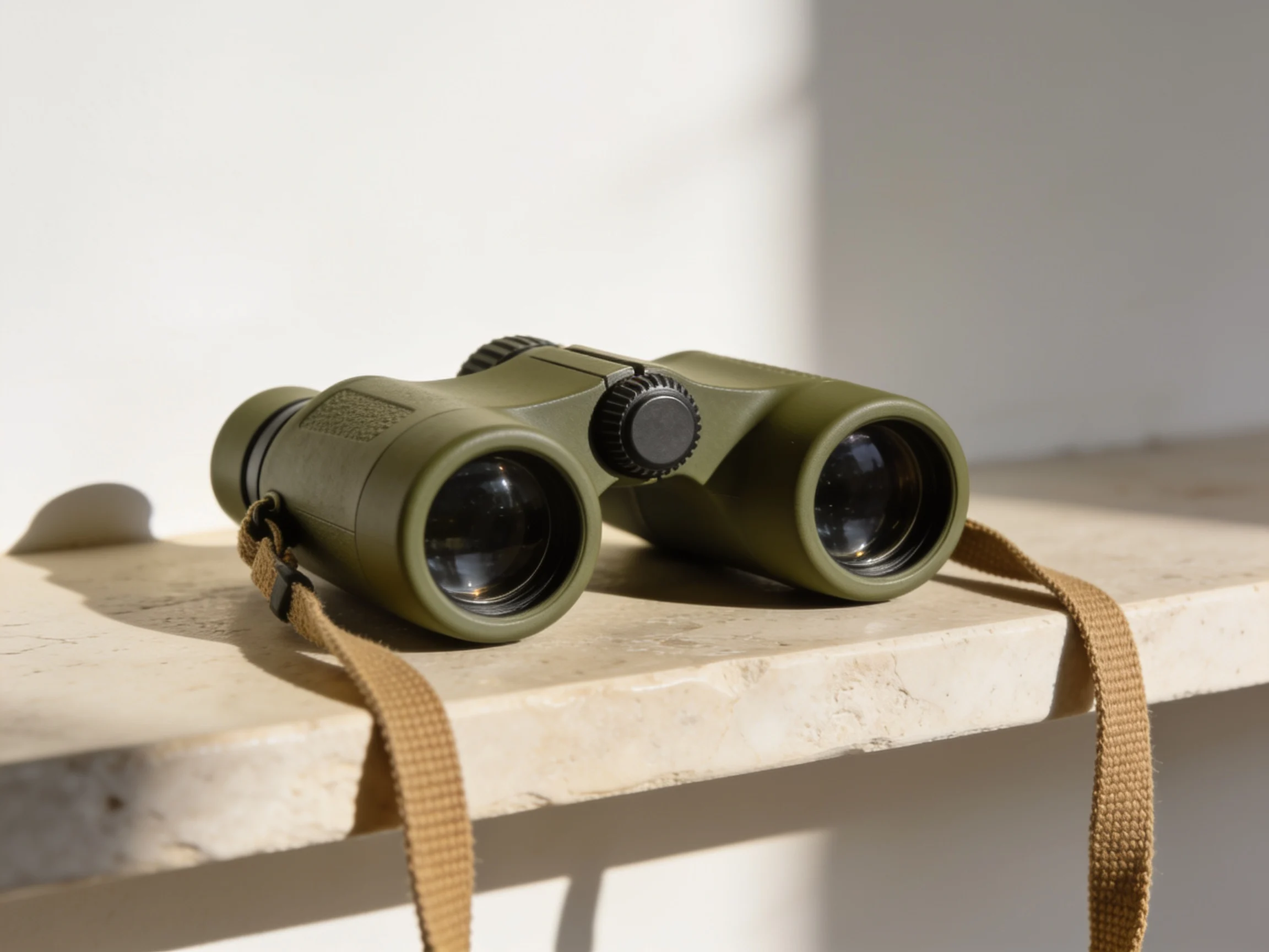 Olive-green binoculars with a tan strap on pale limestone