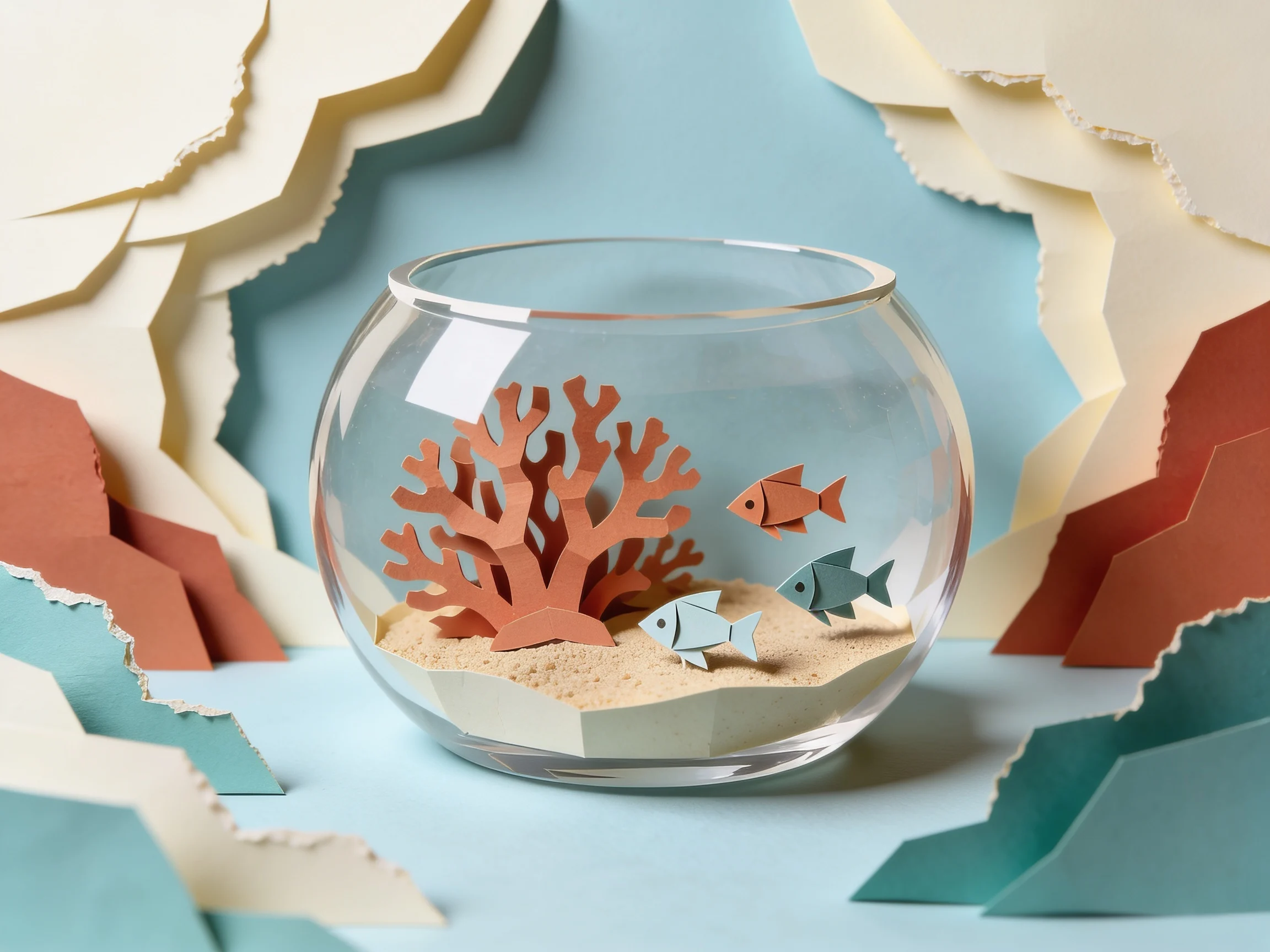 Three folded paper fish and layered coral in a clear glass bowl