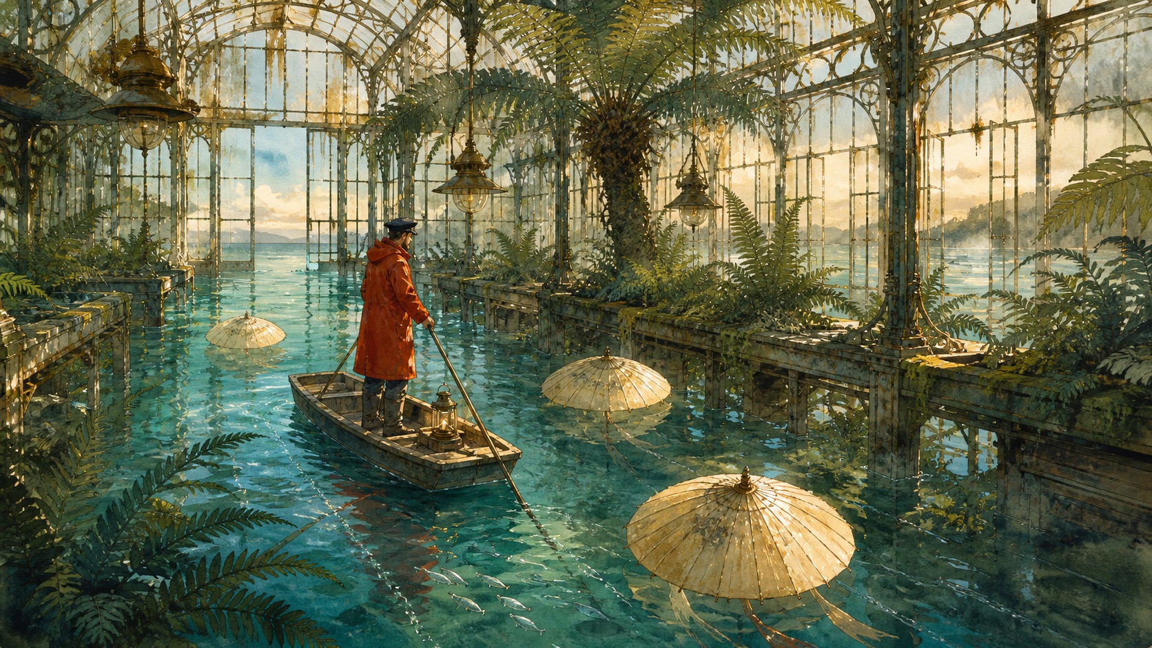 A ferryman in a vermilion raincoat crossing a flooded glass greenhouse among floating cream parasols