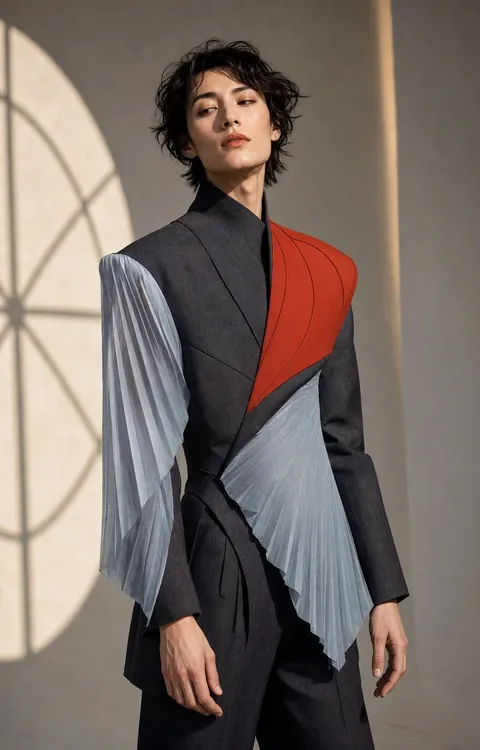 A fashion portrait with sculptural gray and vermilion tailoring