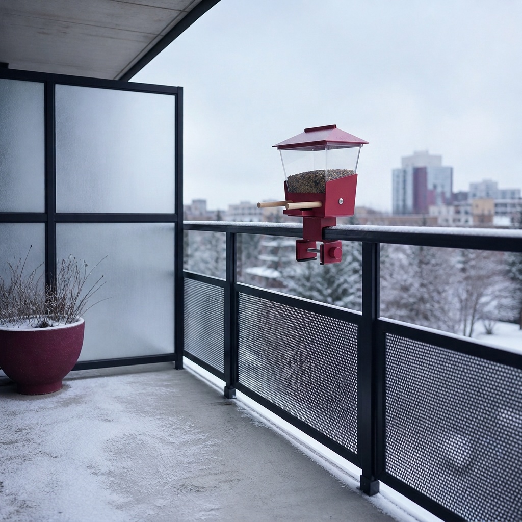 AI-generated square Nano Banana 2 edit of an original raspberry-red bird feeder clamped to a snowy apartment balcony railing