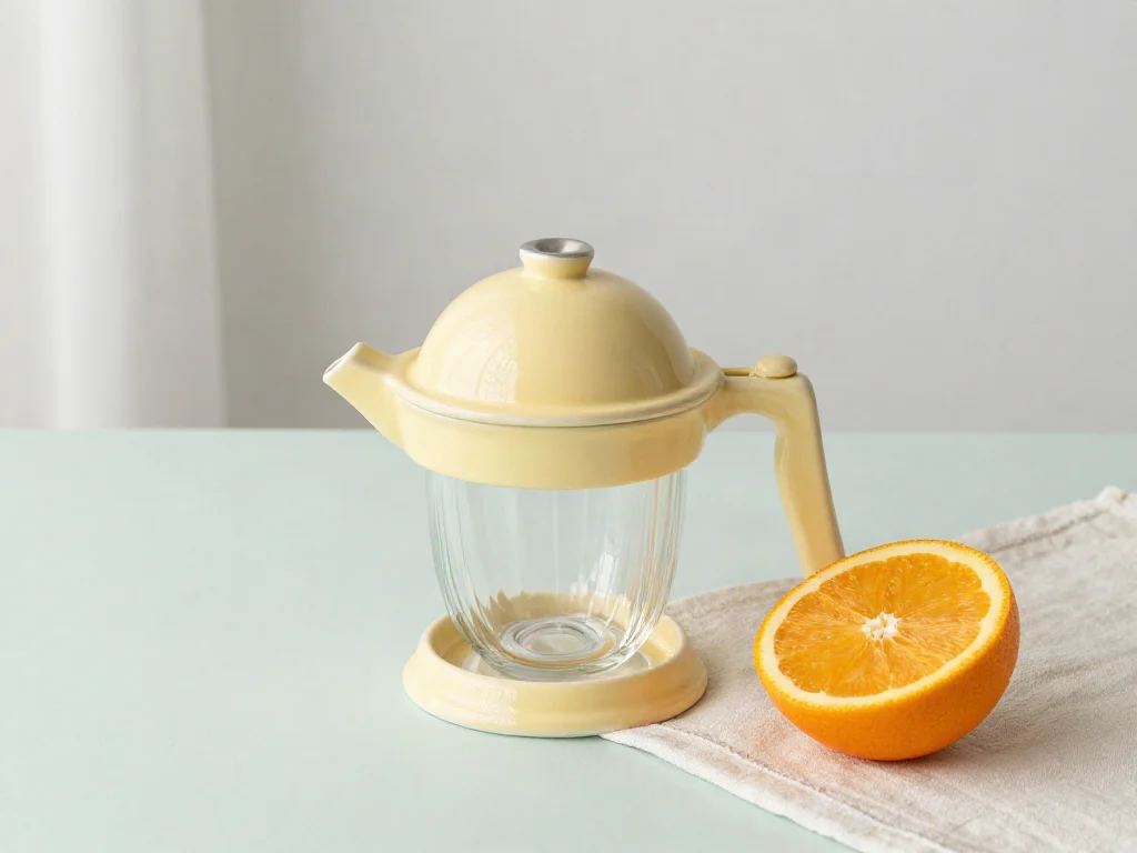 A similar yellow ceramic and ribbed-glass vessel with changed lid and handle details
