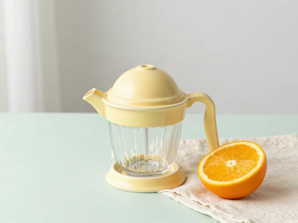 Yellow ceramic vessel, ribbed glass and half orange on linen