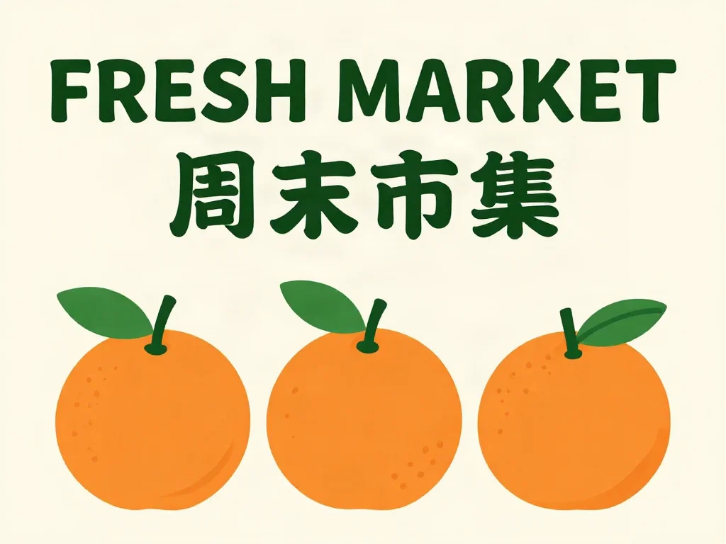 FRESH MARKET and 周末市集 above three illustrated oranges on cream paper